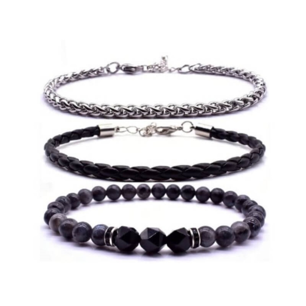 Mens Bracelet Set 3 Piece Beaded Leather Jewelry